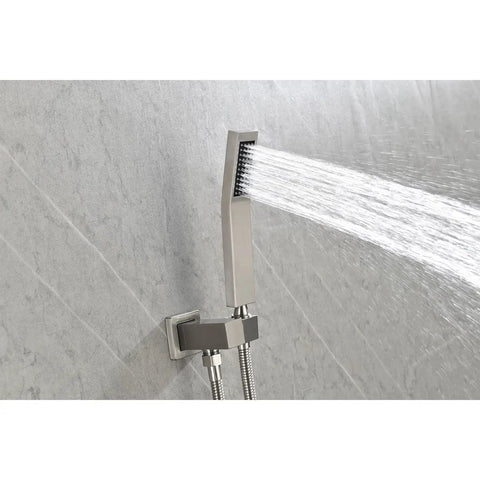 Shower System Combo with Hand Shower and Tub Spout featuring sleek brushed nickel hand shower releasing strong water flow.
