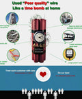 Visual comparison of used "poor quality" wire with a bomb, highlighting dangers like short circuits and fire risks.