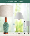 Vintage Ceramic Table Lamps Set Of 2 For Your Living Room And Bedroom Teal MCM Style Nightstand Lamps With USB Port 3 Way Dimmable Oatmeal Linen Shade Bulb Included showing 27.5-inch height