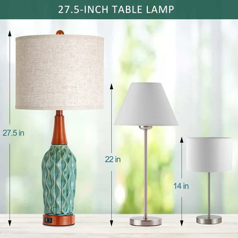 Vintage Ceramic Table Lamps Set Of 2 For Your Living Room And Bedroom Teal MCM Style Nightstand Lamps With USB Port 3 Way Dimmable Oatmeal Linen Shade Bulb Included showing 27.5-inch height