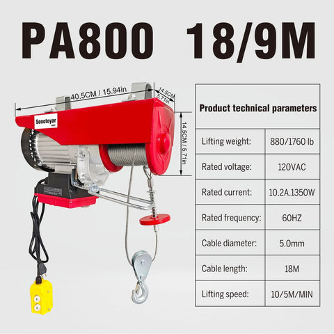 Side view of red electric hoist winch with wire rope, metal hook, and yellow remote pendant