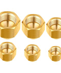 Six brass pipe cap fittings with female threads; hexagonal bodies for 1/4-3/4 in OD tubing.