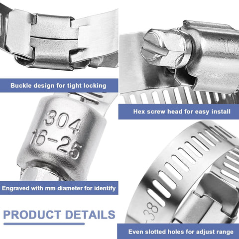 Close-up of Qibaok 120 Piece Stainless Steel Hose Clamps Assortment Kit With One Quarter Inch To One And One Half Inch Worm Gear Clamps