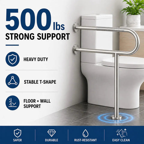 Rock Solid Floor Mounted Toilet Knurled Grab Bar With Leg Heavy Duty Brushed Nickel Stainless Steel Support Handle Bathroom Stand Assist Safety Rail 31 Inch near toilet with stable T-shape design and support features