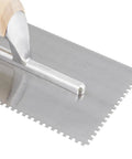 1/8 Inch Square-Notch Wood Flooring Trowel With Wood Handle For Direct Glue-Down Parquet And Engineered Wood Adhesives, close-up