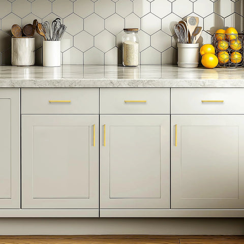 Gold Cabinet Pulls 10 Pack Five Inch Square Drawer Handles Stainless Steel Kitchen Hardware shown in kitchen setting