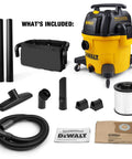 9 Gallon Wet And Dry Shop Vacuum With 5 Peak HP Motor, yellow body, attachments, hose, filter, and user manual in product set