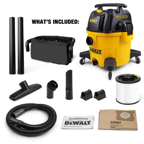 9 Gallon Wet And Dry Shop Vacuum With 5 Peak HP Motor, yellow body, attachments, hose, filter, and user manual in product set