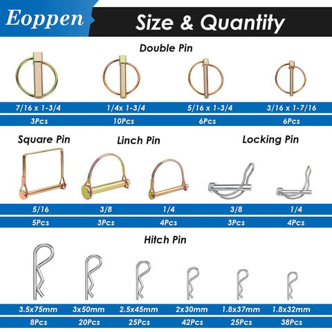 All In One 202Pcs Hitch Pins Set Assortment Kit Heavy Duty Linch Pins PTO Pins and Square Pins size chart for trailers and tractors