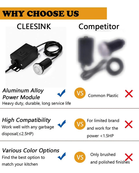 Comparison of Cleesink aluminum alloy air switch kit and competitor plastic module for garbage disposal