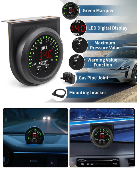 Turbo Boost And Vacuum Gauge Kit With LED Digital Display For Cars Trucks And ATVs 2 1/16 Inch 52mm Unit 1/8 NPT Electronic Pressure Sensor And Mounting Bracket Boost To 35 PSI Vacuum -30 To 0 InHg Red LED Readouts mounted on dashboard
