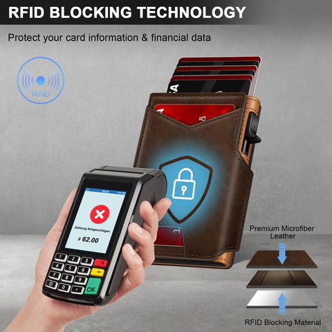 Slim Pop Up Card Holder Wallet For Men With RFID Blocking Aluminum Build No Fuss Quick Eject Card Mechanism shown blocking signal