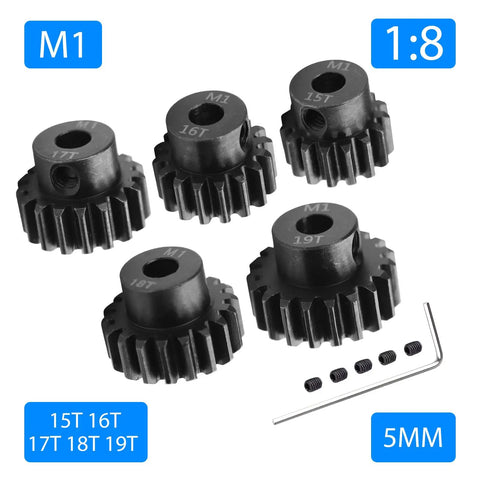 Mod 1 Hardened Steel RC Motor Pinion Gear Set, 5-Pack for 1/8 Scale RC Cars, 5mm Shaft, Includes 15T 16T 17T 18T 19T