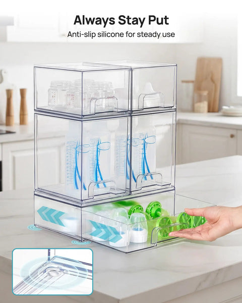 Clear Stackable Storage Drawers Set Of 5 Plastic Organizer Bins With Built In Handles For Countertop Space Saving Storage. Stackable bins storing baby bottles and accessories.