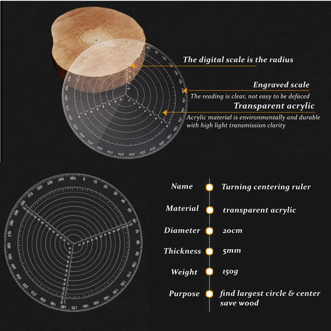 8-inch round center finder compass, transparent acrylic ruler for woodworking (front view)