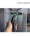 Grab This Badass 8-Inch Rivet Nut Gun Kit For Quick Repairs! Comes With Nine Mandrels And One Hundred Nuts For Metal Or Drywall Jobs. Perfect Stroke Control Makes Fastening Easy Plus Hard Case Keeps Gear Safe On Job Sites. hand using 8-inch rivet nut gun on metal panel in tight space