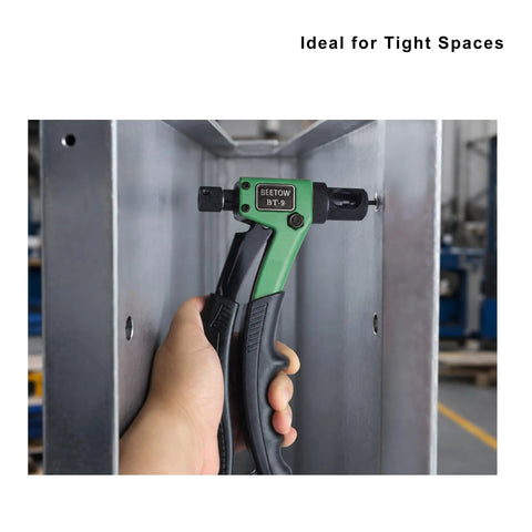 Grab This Badass 8-Inch Rivet Nut Gun Kit For Quick Repairs! Comes With Nine Mandrels And One Hundred Nuts For Metal Or Drywall Jobs. Perfect Stroke Control Makes Fastening Easy Plus Hard Case Keeps Gear Safe On Job Sites. hand using 8-inch rivet nut gun on metal panel in tight space