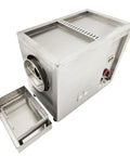 Commercial Gas Coffee Roaster With A Solid Stainless Steel Drum showing stainless steel exterior and detachable tray.