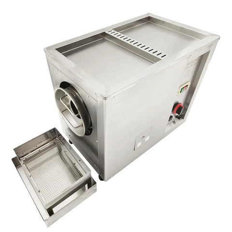 Commercial Gas Coffee Roaster With A Solid Stainless Steel Drum showing stainless steel exterior and detachable tray.