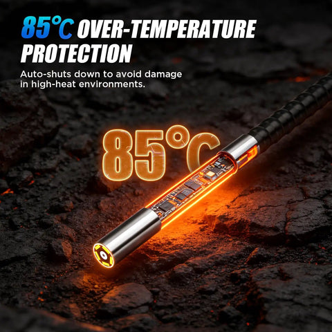 Two-Way 210 Degree Articulating Borescope Endoscope With 85°C protection, showcased with glowing internal components.