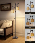 68 Inch Farmhouse Floor Lamp With Tree Trunk Faux Wood Column Dark Bronze Wicker Drum Shade Rustic Country Cottage Decor