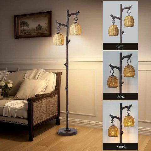 68 Inch Farmhouse Floor Lamp With Tree Trunk Faux Wood Column Dark Bronze Wicker Drum Shade Rustic Country Cottage Decor