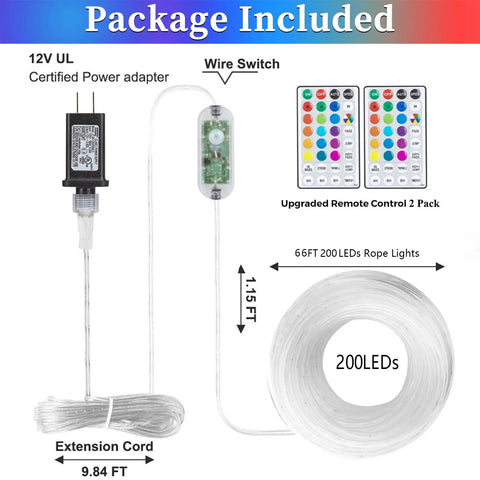 Package includes 66ft 200 LED rope lights outdoor waterproof with remote control, two remotes, power adapter, and extension cord.