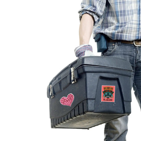 Man holding toolbox with Patriotic Mexican Pride Sticker Pack For Helmets Laptops Water Bottles And Tool Boxes 100 Dope Durable Vinyl Decals