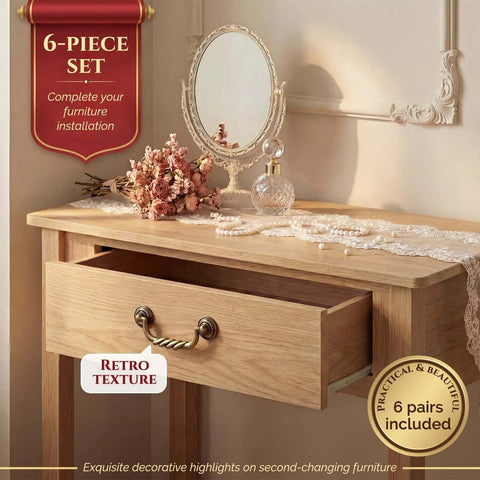 4.5 Inch Center Drawer Pulls Six Pack Antique Bronze Bail Drop Handles on oak dresser with decorative accents.