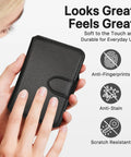 Woman holding MagSafe Wallet With RFID Blocking Magnetic Card Holder For iPhone 17 16 15 14 13 12 Series in Midnight Black