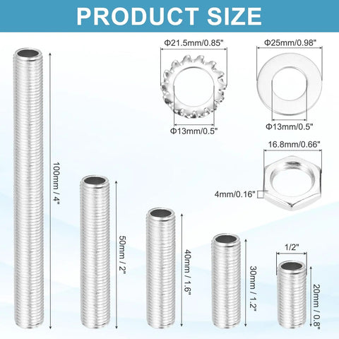 Five Size Lamp Pipe Nipples Kit With Hex Nuts And Washers, 35 Pieces, One Quarter Inch Thread, All Threaded, Half Inch Outer Diameter, Hollow Lamp Rod Tubes For Do It Yourself Lamp Making And Chandelier Repair - Product size chart showing various lengths and diameters.