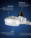 45W Dusk to Dawn Outdoor Light With Adjustable Wattage 18 27 36 45W And 3000K 4000K 5000K LED Color Temps Seriously Bright 5800 Lumens Security Flood Light For Yard Barn Street UL Listed with housing and photocell details