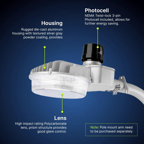 45W Dusk to Dawn Outdoor Light With Adjustable Wattage 18 27 36 45W And 3000K 4000K 5000K LED Color Temps Seriously Bright 5800 Lumens Security Flood Light For Yard Barn Street UL Listed with housing and photocell details