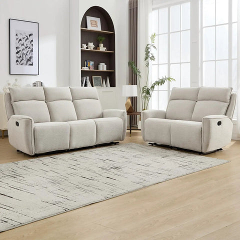 Two Seat Manual Loveseat Recliner Sofa With Wall Hugger Design in beige chenille fabric, placed in modern living room setup.