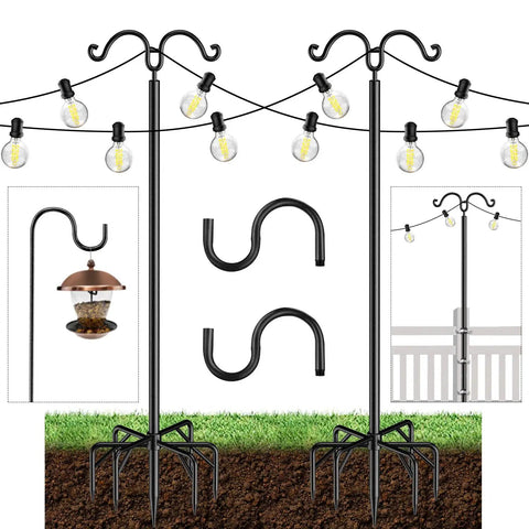 Two Pack String Light Poles With Seven Prong Steel Construction Includes Two Hooks And Fence Brackets for Deck Garden Patio