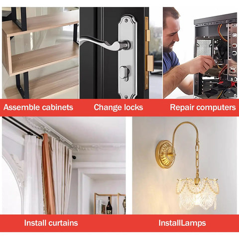 Image showing tasks: assembling cabinets, changing locks, repairing computers, installing curtains, and lamps.