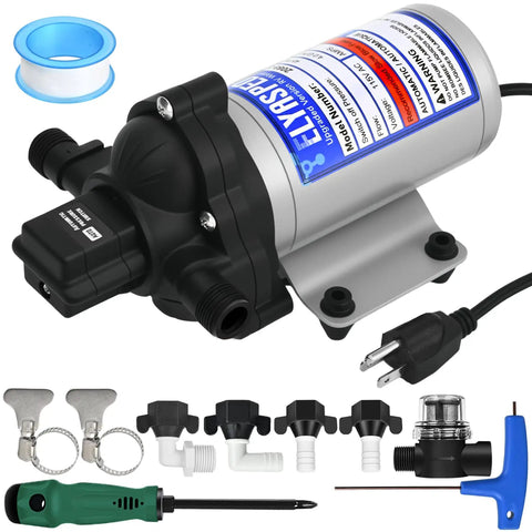 Upgraded RV Fresh Water Pump 115V AC With 4.0 GPM Self Priming Diaphragm with accessories and tools