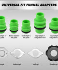 Universal fit funnel adapters kit with green gaskets for different automotive applications, included in Shop Grade 18 Piece No Mess Coolant Funnel Kit.