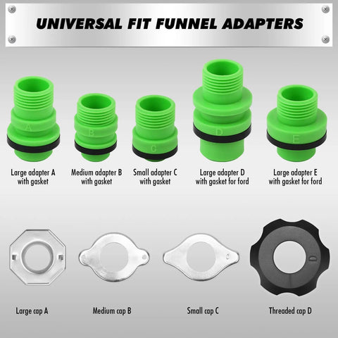 Universal fit funnel adapters kit with green gaskets for different automotive applications, included in Shop Grade 18 Piece No Mess Coolant Funnel Kit.