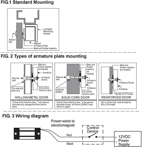 Heavy Duty 130 Lbs Electric Magnetic Lock For Single Door Access Control 12V fail safe installation diagrams for various doors.