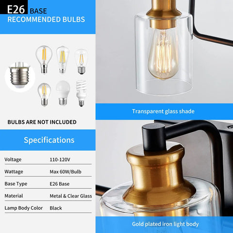 Close-up of Black 3 Light Vanity Lights For Bathroom Modern Mid Century Wall Sconces With E26 Base and transparent glass shade