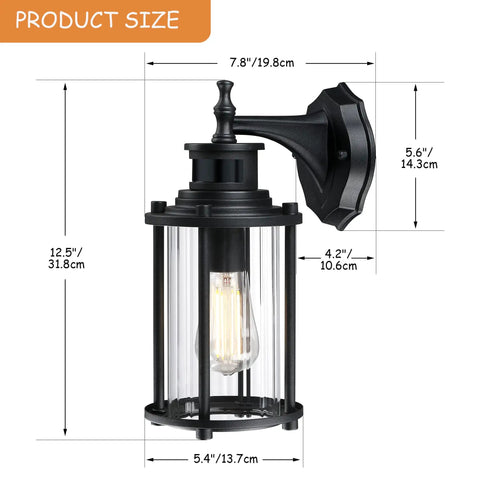 Motion Sensor Outdoor Wall Lights 12.5 Inch Dusk To Dawn Waterproof Matte Black Sconce With Ribbed Glass Shade And E26 Socket