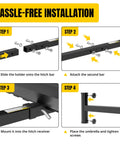 Installation steps for hitch mount umbrella holder for 2 inch receivers, heavy duty steel for tailgating, camping, and fishing.