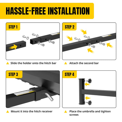Installation steps for hitch mount umbrella holder for 2 inch receivers, heavy duty steel for tailgating, camping, and fishing.