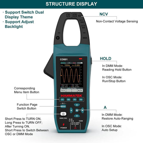 Front view of 3-In-1 AC/DC Clamp Meter And Oscilloscope For Current And Voltage, Pro Grade With 5MS/s Sampling Rate, 1MHz Bandwidth