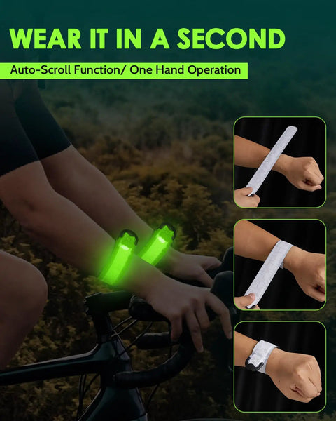Person wearing Rechargeable LED Armband Set For Night Safety, 2 Pack High Visibility Slap Wristbands on bicycle ride at dusk
