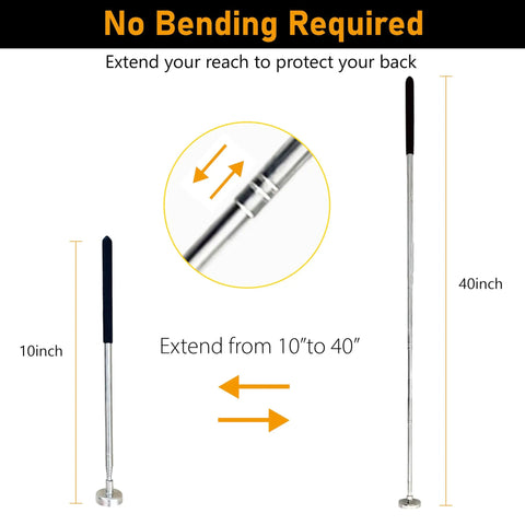 40 Inch Telescoping Magnetic Pickup Tool With 35 Lb Pull Extendable from 10 to 40 inches, showing compact and extended views.