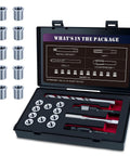 Pro Grade M10x1.5 Thread Repair Kit With 14mm Stainless Steel Inserts HSS Drill Tap Counterbore And Install Driver 10 Pieces Rebuild Stripped M10 Threads In Metal Automotive And Machinery Projects shown in open case with parts.