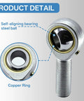 Heavy Duty Male Rod End Bearing With 1/2 Inch Bore And 1/2-20 Left Hand Thread Forged Steel Self Lubricating Pro Grade automotive linkage close-up showing copper ring and steel ball.