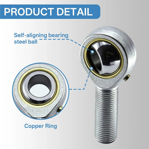 Heavy Duty Male Rod End Bearing With 1/2 Inch Bore And 1/2-20 Left Hand Thread Forged Steel Self Lubricating Pro Grade automotive linkage close-up showing copper ring and steel ball.